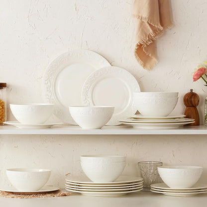 24Pcs Vintage Relief White Bone China Set, Service for 88