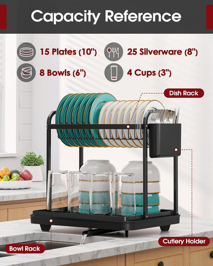 2-Tier Dish Drying Rack - Stainless Steel Dish Rack with Cutlery & Utensil Holders for Kitchen Counter, Sink Organization and Storage for Small Family, 15" W X 11.4" L X 15" H, Black2