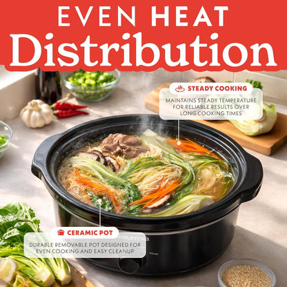 Slow Cooker - 6 Quart Removable Ceramic Pot, Manual Controls with 3 Temperature Settings, Dishwasher Safe Crock and Glass Lid, Black7