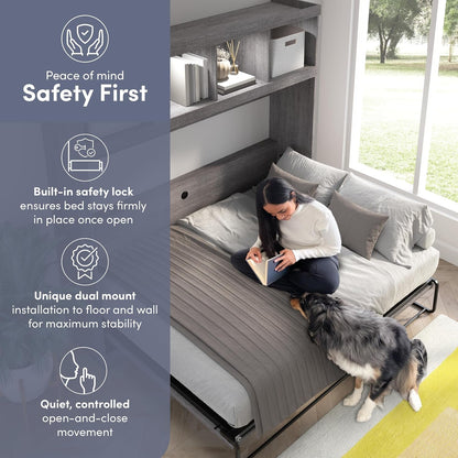 Pur Full Horizontal Murphy Bed with Storage & Charging, Grey, 80W7
