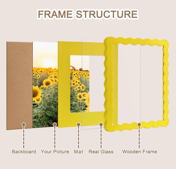 Scalloped 8X10 Picture Frame, Real Glass Wood Frame with Reversible Mat for 5X7/6X8 Prints, Wavy Edge for Wall or Tabletop, Decorative Photo Frame, Yellow7