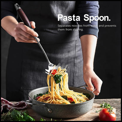 Stainless Steel Cooking Utensils Set with Wooden Handle, 5-Piece Heat Resistant Kitchen Utensil Tool for Cookware Set -Spatula, Turner, Spaghetti Server, Skimmer Spoon, Soup Ladle5