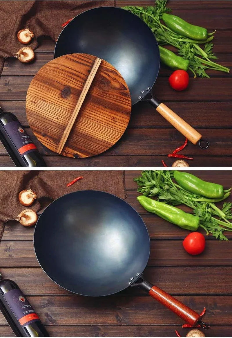 chinese-100-hand-hammered-iron-woks-stir-fry-pans-non-stick-no-coating-less-oil-black-seasoned-wooden-handle-chef-12-inch