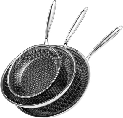 Nonstick Frying Pan Set, 8+10+12 Inch, Honeycomb Stainless Steel Skillet Pans Set, Pfoa-Free Scratch-Proof, Dishwasher & Oven Safe, Compatible with All Cooktops1