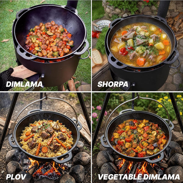 Kazan Uzbek Cast Iron Kazan for Plov Making Cookware Insulated Double Handle Pan Wide Mouth Cast Iron Dutch Oven, Outdoor Cooking Frying Pot, Lodge Cast Iron Skillet, 22 L4
