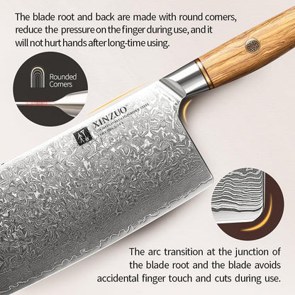 Cleaver Knife 7.5 Inch, 73 Layer Damascus Steel Powder Steel Core Chinese Chef'S Knife, Multifunction Vegetable Meat Slicing Knife with Olive Wood Handle -Lan Series4