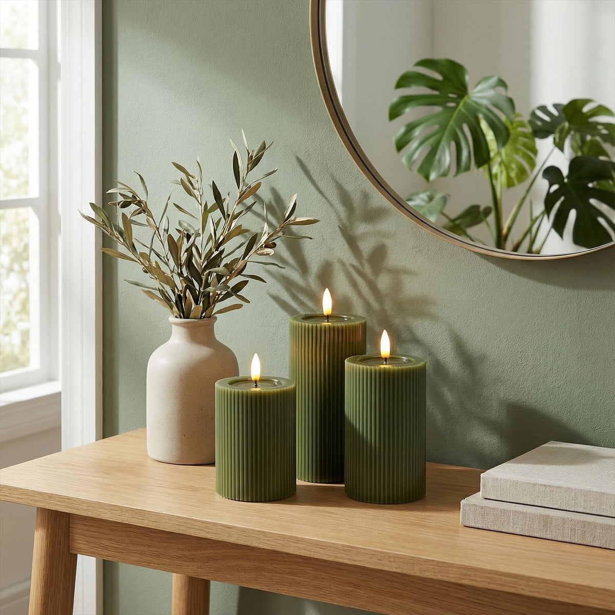 ribbed-fluted-real-wax-flameless-led-pillar-candles-loden-sage-olive-green-melted-wax-top-look-flickering-flame-battery-operated-remote-timer-shelf-wedding-decor-set-of-3