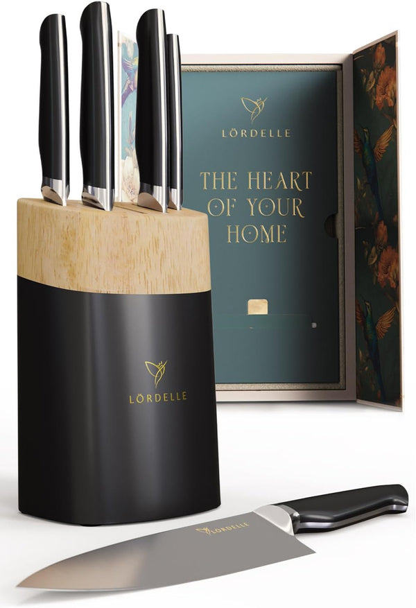 LORDELLE Knife Block Set - 5 Piece Set - Black Vintage Ink - Lifestyle Home Kitchen Design - German X50 Stainless Steel - ABS Handle - Ash Wood Block - Cooking Chef Knife, Santoku, Paring, Utility1