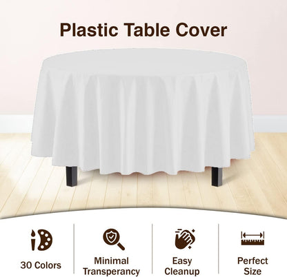 12-Pack Premium Plastic Tablecloth 84In. round Table Cover - White3