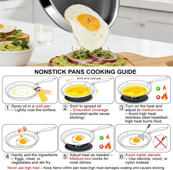 Non Stick Frying Pans, 12-Inch with Lid, Hybrid Frying Pans Nonstick Stainless Steel Skillets, Dishwasher & Oven-Safe, Stay-Cool Handle, PFOA Free Cookware, Compatible with All Cooktops4