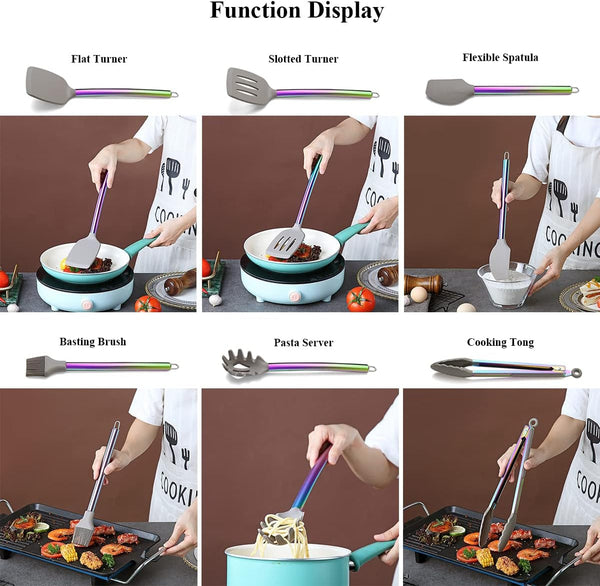 38 Piece Silicone Kitchen Cooking Utensils Set with Utensil Crocks, Silicone Head and Stainless Steel Handle Cookware, Kitchen Tools for Utensil Set, Non-Stick Kitchen Gadgets,Dishwasher Safe(Rainbow)5