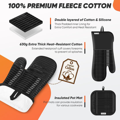 Oven Mitts Kitchen Towels and Dishcloths with Pot Holders Sets, Oven Gloves Hot Pads 500°F Heat Resistant with Silicone Grip, Include 2 Cooking Gloves/2 Potholders/4 Kitchen Towels/4 Dish Towels3