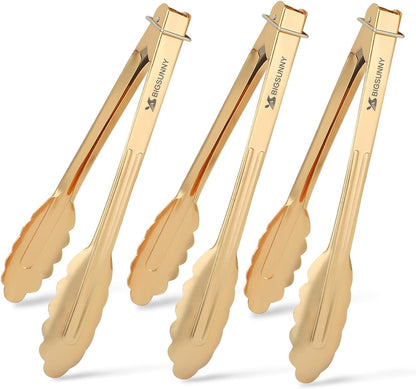9 Inch Kitchen Food Tongs for Cooking and Serving- Aluminum - Set of 3 (Gold-Plated)1