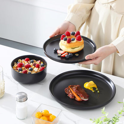 12 Pcs Porcelain Plates and Bowls Sets,Dinnerware Set for 4,Black6