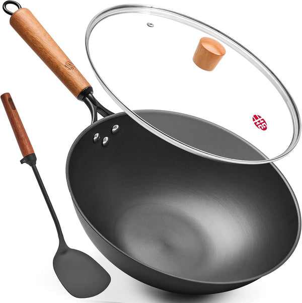 Carbon Steel Wok Pan - 12.6 Inch Flat Bottom Wok, Premium Stir Fry Pan, Uncoated Iron Woks for Induction Cookware and Gas Stoves1
