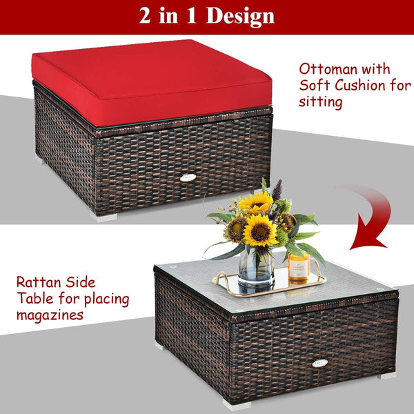 6 Pieces Wicker Patio Furniture Set, PE Rattan Outdoor Sectional Conversation Set with Glass Coffee Table & Ottoman, Wicker Sofa Set with Cushions for Yard Garden, Deck, Porch (Red)6