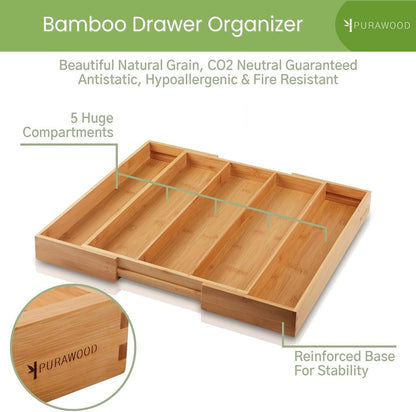 Kitchen Drawer Organizer - Expandable Utensil Drawer Organizer for Kitchen, Cutlery Tray & Silverware Organizer, 3-5 Slots - Bamboo Organizer for Utensils & Flatware (Natural)4