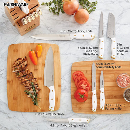 15-Piece Knife Block Set, Triple-Riveted High-Carbon Stainless Steel Kitchen Knives, Razor Sharp Blades, Wood Storage Block, White/Gold6