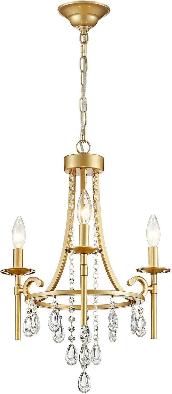 Small Crystal Chandelier, 3-Lights Modern Crystal Chandeliers for Dinning Room, Wagon Wheel Gold Chandelier, Farmhouse Hanging Pendant Light Fixture for Bedroom Hallway Entryway Bar Kitchen Bathroom1