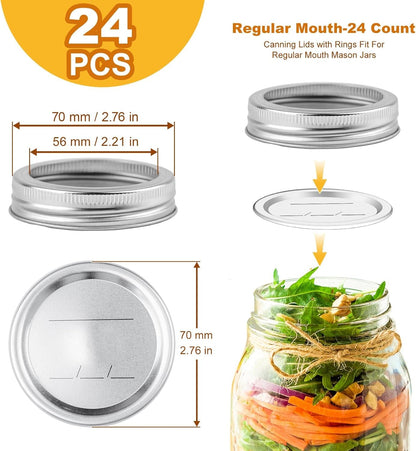 Canning Jar Lids with Rings for Mason Regular Mouth 24Pcs Regular Mouth Kerr Ball Jars Lids with Rings Good Sealing Performance Food Grade Material Kerr Mason Jars for Canning Food Fruits DIY Jam2