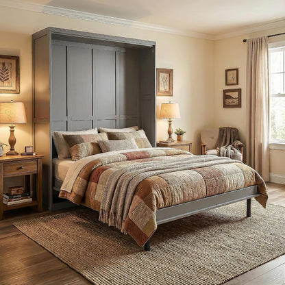 Queen Size Rotating Murphy Bed with Hidden Storage Racks - Space-Saving Multifunctional Wall Bed for Home Office, Small Apartments (Gray)1
