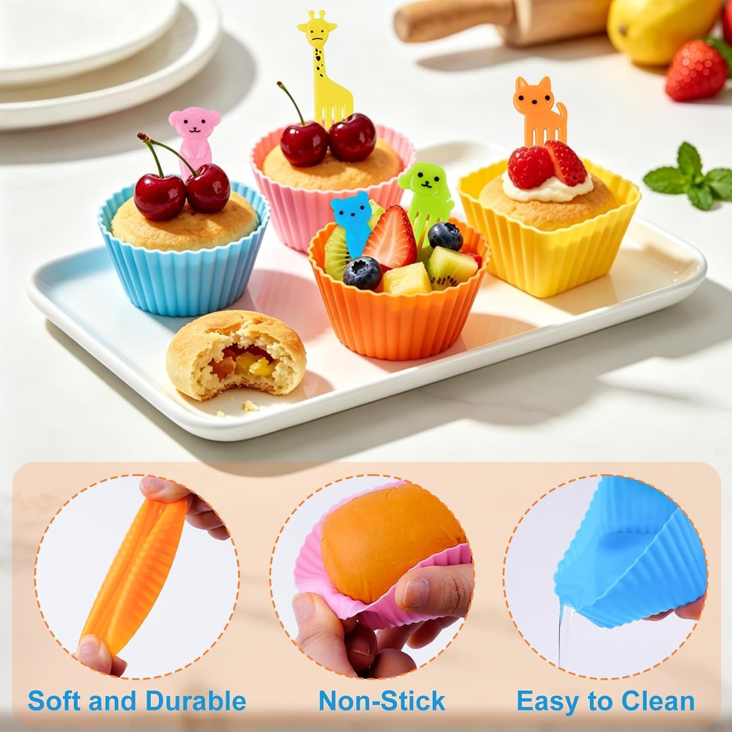 60-pcs-silicone-lunch-box-dividers-bento-box-accessories-silicone-cupcake-liners-reusable-muffin-cups-for-baking-with-animal-food-picks-30-cupcake-cups-30-picks