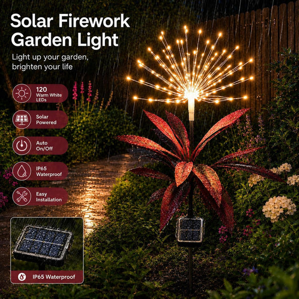 Solar Firework Lights Outdoor,2 Pack 120 LED Solar Garden Lights with Tropical Plant-Style Leaves,8 Modes Waterproof Decorative Yard Stake Lights for Patio Pathway Front Yard,Wedding Party Garden Gift6