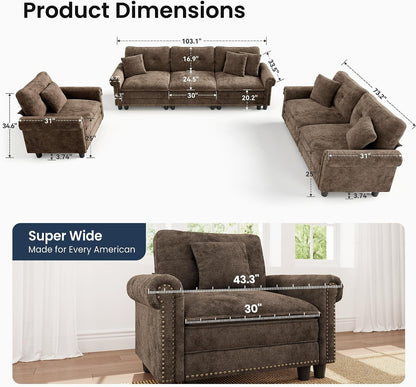 Modular Sectional Sofa Set Living Room 3-Piece Extra Deep Seats | Mid-Century Modern 6-Seater Cloud Couch Set, Grayish Brown, Rolled Arms & Nailhead Trim, Wider Seats, Chenille Furniture Set9