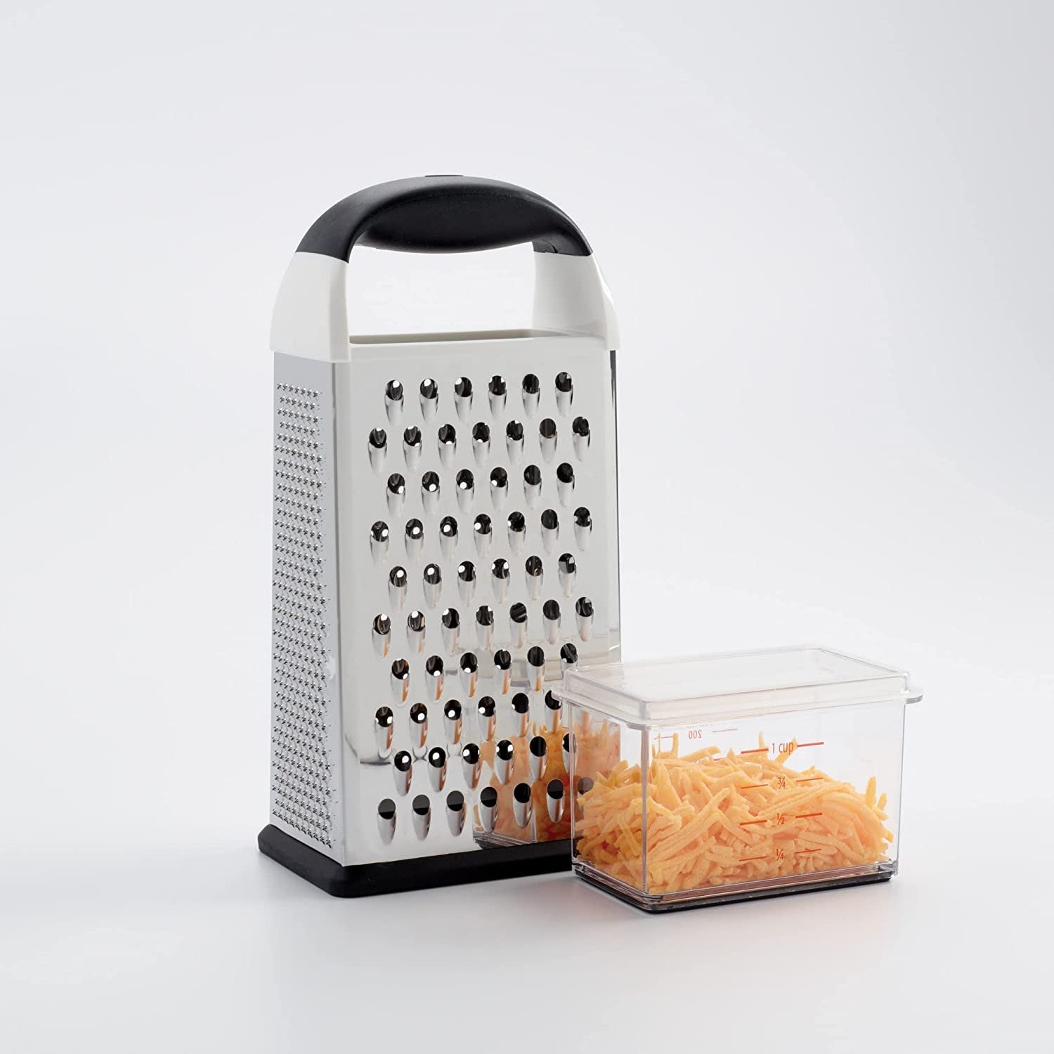 oxo-good-grips-4-sided-box-grater-for-cheese-vegetables-with-container-stainless-steel-grating-surfaces-non-slip-handle-detachable-container-cheese-vegetables-zesting-multi-purpose-grater