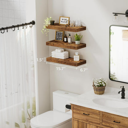 Floating Shelves for Wall Bathroom Shelf Bedroom Kitchen Living Room Hanging Book Shelves Small Farmhouse Decor 16 Inch Set of 3, Rustic Brown (015-BN3)3