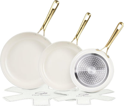 Ceramic Frying Pan with Stainless Steel Handle 5Pcs Set, Non Stick Grill Pan Set, Dishwasher and Oven Safe, Cream White and Light Gold Handle1