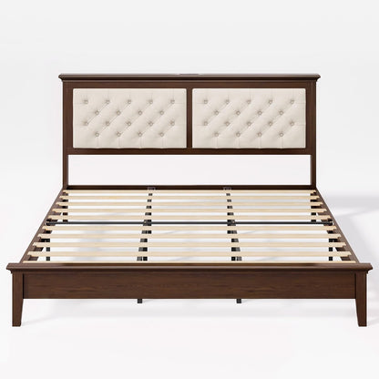 Solid Wood King Size Bed Frame 46” Tall Diamond-Tufted Upholstered Headboard, American Classic Flat-Top Bed, Stable Structure, Wood Slats Support, Noise-Free, No Box Spring Needed, Walnut4