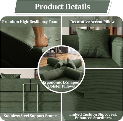 59'' Convertible Compressed Corduroy Folding Cloud Sofa Bed, Modern Boneless Pull Out Loveseat Sleeper in a Box, 4 in 1 Floor Mattress Futon Cloud Couch, No Assembly Needed, Green, 2 Pillows, Queen4