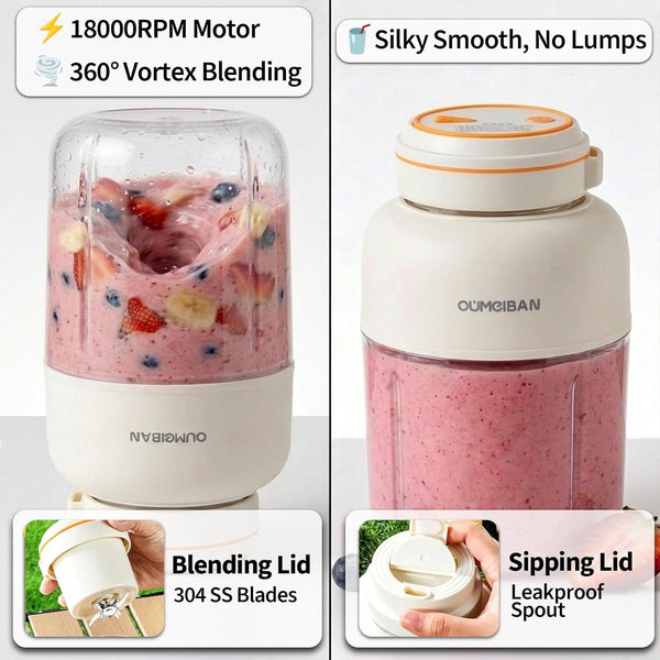 New Portable Cordless Personal Blender, Dual Lid Juicer Cup with Stainless Steel Blades, Leakproof Travel Smoothie Maker for Gym Office Kitchen (Blue, Standard Version)4