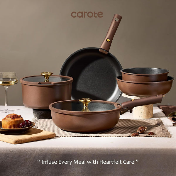 21Pcs Pots and Pans Set, Nonstick Cookware Set Detachable Handle, Induction Kitchen Cookware Sets Non Stick with Removable Handle, RV Cookware Set, Oven Safe, Brown9