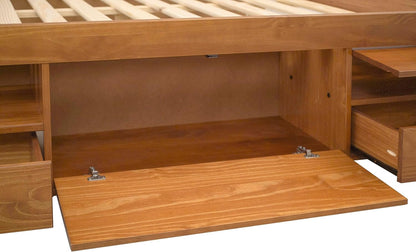 Bali King Size Storage Platform Bed with 6 Drawers, 6 Shelves, 3 Door Cabinets, 2 Pullout Nightstands, Solid Pine Wood Bed Frame with Underbed Storage, No Box Spring Needed, Oak Brown11