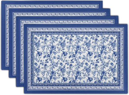 Blue Floral Branches Placemats Set of 4 ，12 X 18 Inch Chinoiserie Table Mats Washable Heat Resistant Linen Fabric Rectangle Place Mat for Indoor Outdoor Kitchen Dining Home Decor1