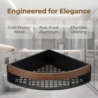 2-Pack Corner Shower Caddy with Walnut Wooden Shelf, Wall Mounted Bathroom Organizer, Matte Black Aluminum Alloy Storage Rack for Toilet, Dorm and Kitchen6