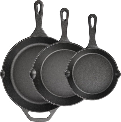 Cast Iron Skillet 3-Piece Set, 6", 8", 10" Frying Pans, Heavy-Duty Pre-Seasoned Pan Cookware Set, for Frying, Saute, Cooking, Pizza & More, Black1