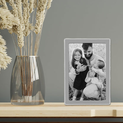 Metal Picture Frame with Delicate Outer Border of Beads, Silver, 4X62