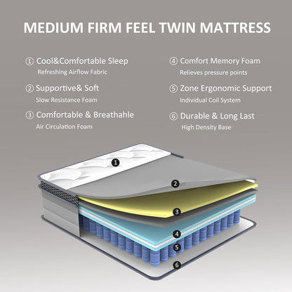 Full Size Mattress - 12 Inch Hybrid Mattress in a Box, Individual Pocket Springs, Medium Firm, Pressure Relief, Breathable Comfort and Durable5