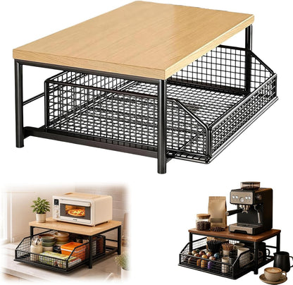 Kitchen Countertop Organizer with Drawers,Microwave Oven Rack，Natural Wood | Microwave Storage Rack with Pull-Out Drawer Basket,Space-Saving Counter Shelf Rack for Kitchen,No Installation Required1