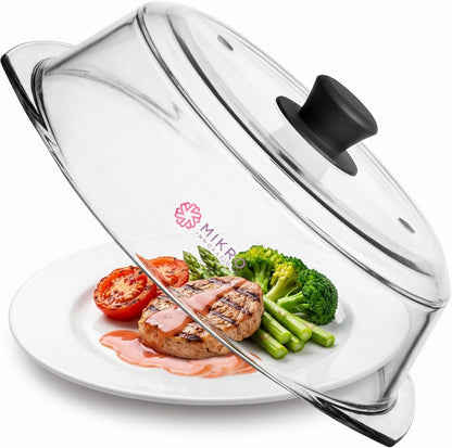 Tall Glass Microwave Splatter Cover | Sturdy Clear 100% Food Safe BPA Free Glass Lid with Easy Grip Silicone Handle | Heavy-Duty Glass for Longer Life, Dishwasher Safe for Easy Cleaning - 10.5In1