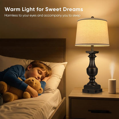 28'' Black Gold Resin Table Lamp Set of 2,Nightstand Lamp with USB Port | Rocker Switch, 2 Bulbs Included, 6W, 2700K Warm Light, Farmhouse Bedside Lamp for Nightstand, Desk, Livingroom, Bedroom Decor5