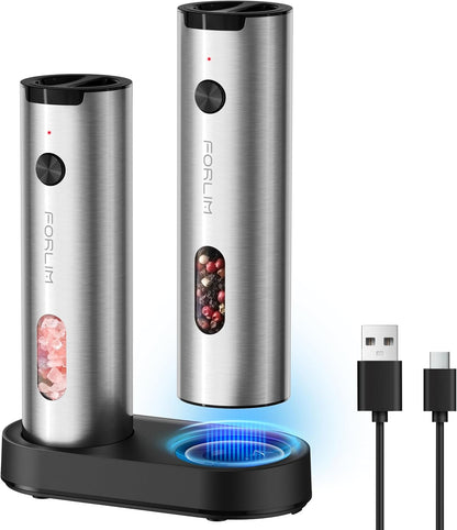 Electric Salt and Pepper Grinder Set Rechargeable, Auto Salt and Pepper Grinder Set with Charging Base, Adjustable Coarseness, LED Light, Automatic Salt Grinder Refillable,Pepper Shakers Set1