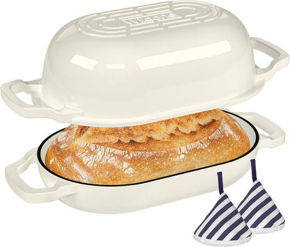 Enameled Cast Iron Dutch Oven Pot with Lid, Oval Bread Oven | Loaf Cast Iron Bread Pan for Homemade Bread Baking, Meatloaf Pan with Lid, 5.5QT, Cream White1
