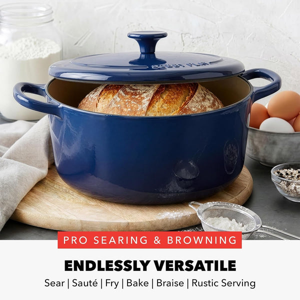 X Bobby Flay 5.5QT Enameled Cast Iron Dutch Oven with Lid, Navy | Casserole Pot for Braising, Stews, Bread Baking & Searing, Self-Basting Lid, Induction Ready, Oven Safe to 5004