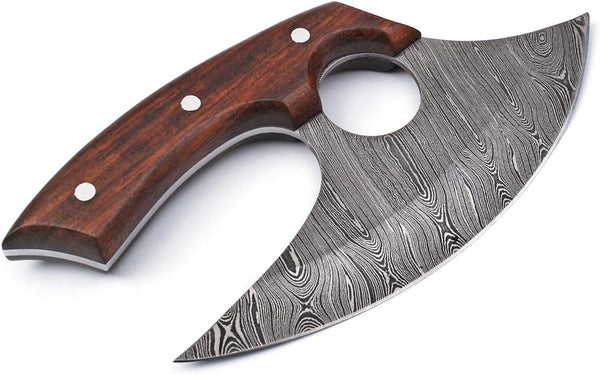 Handmade Damascus Steel Ulu Knife - Fixed Blade Knife for Chopping Boning Slicing Cutting ,Solid Rose Wood Handle with Leather Sheath, Wood,Steel4