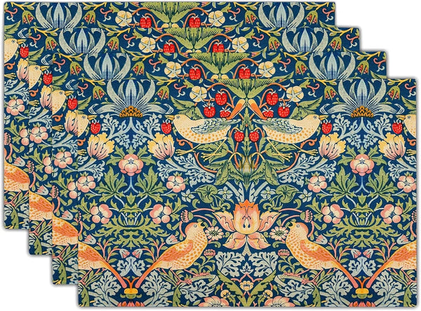 Strawberry Blue Green Pimpernel Placemats Set of 4 Chinoiserie Floral Bird Colorful Linen Washable Table Mats Stain Heat-Resistant Desktop Decor Place Mats for Home Kitchen Dining Party 12X18 In1