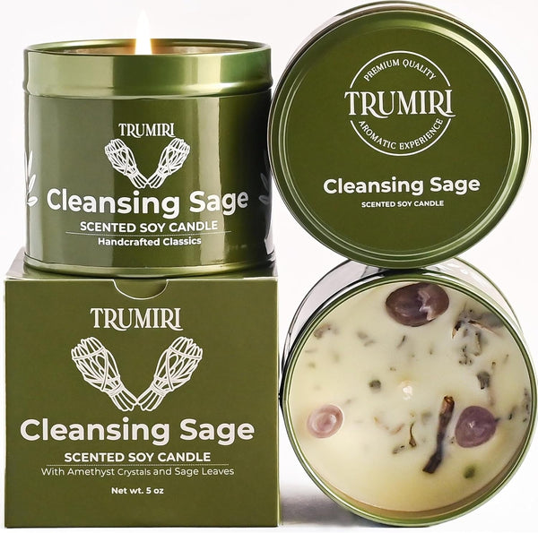 Sage Candle for Cleansing House Negative Energy Smudge Kit - 5Oz Soy Wax Natural Clean Organic Non Toxic - Aromatherapy Spiritual Meditation Gifts - Long Lasting Highly Scented Candel with Crystals1